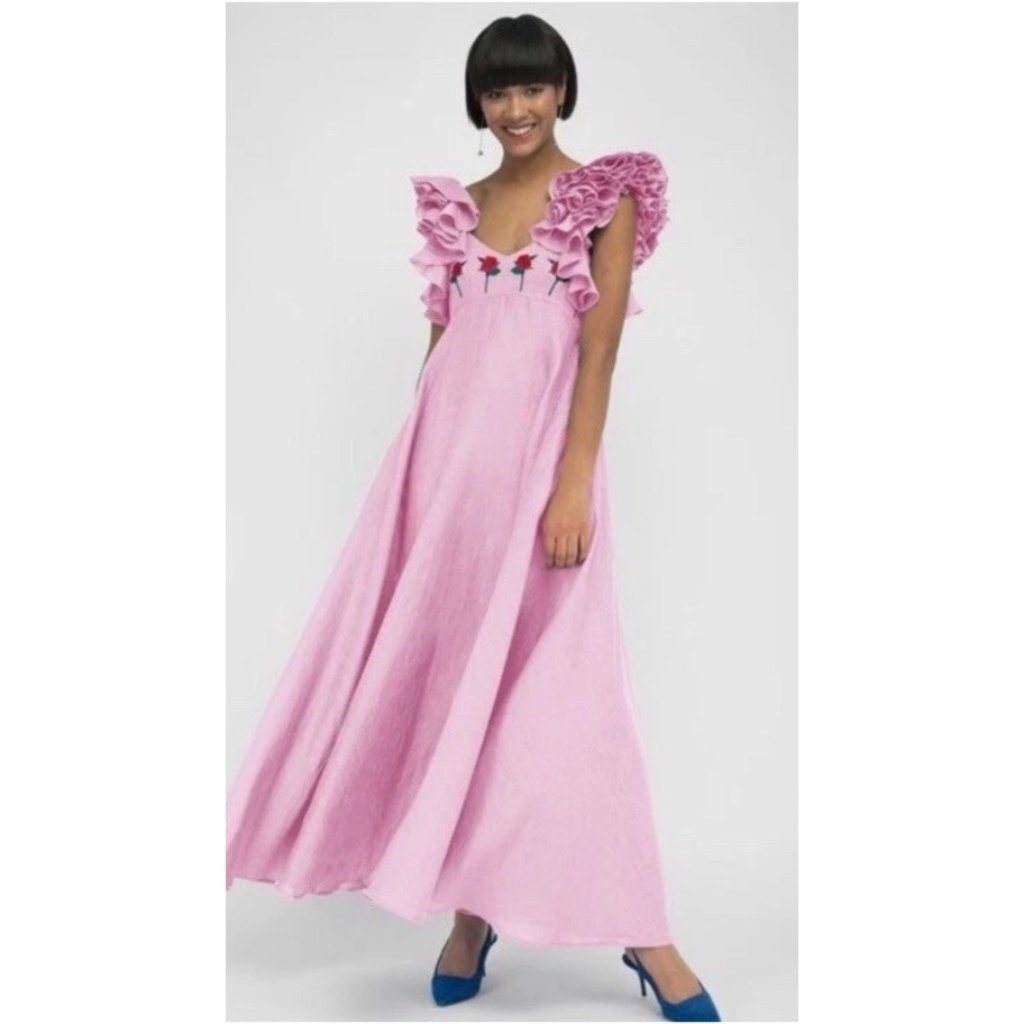 Fanm Mon X-Small Aster Pink Demre Linen Embroidered Maxi Dress Ruffle Sleeve Nwt